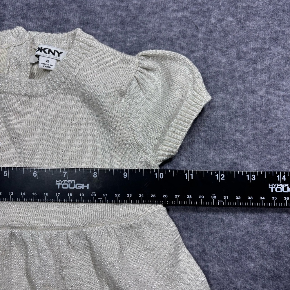 DKNY Girls Cream Tiered Knit Dress with Puff Sleeves - Picture 7 of 11